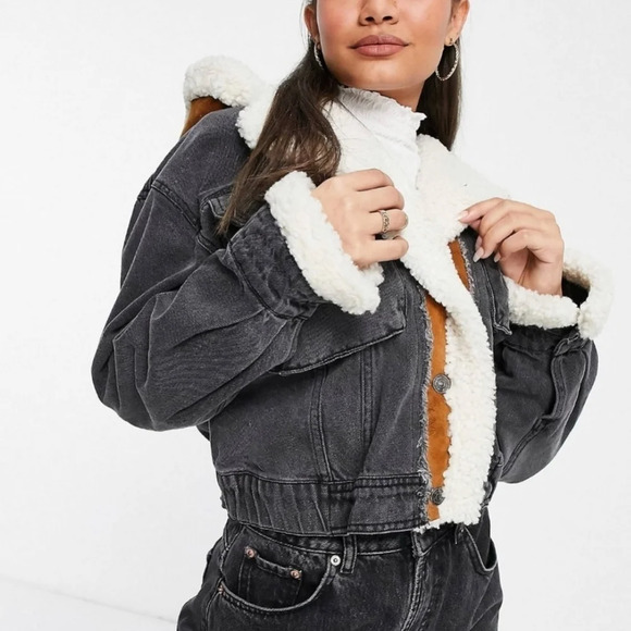 Free people perry hooded denim jacket in washed black sherpa trim size S - Picture 4 of 11